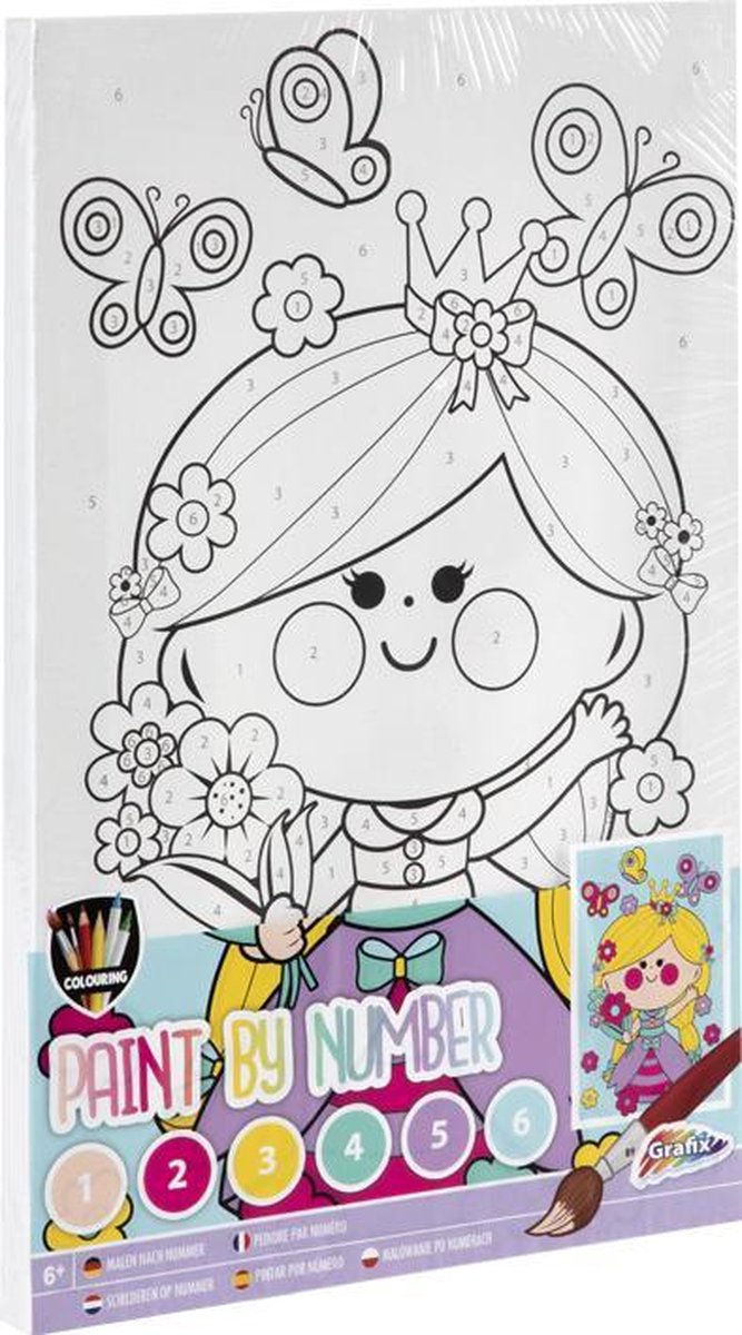 Grafix maleri efter tal for børn | prinsesse tema | størrelse A4 - inklusiv maling + pensel