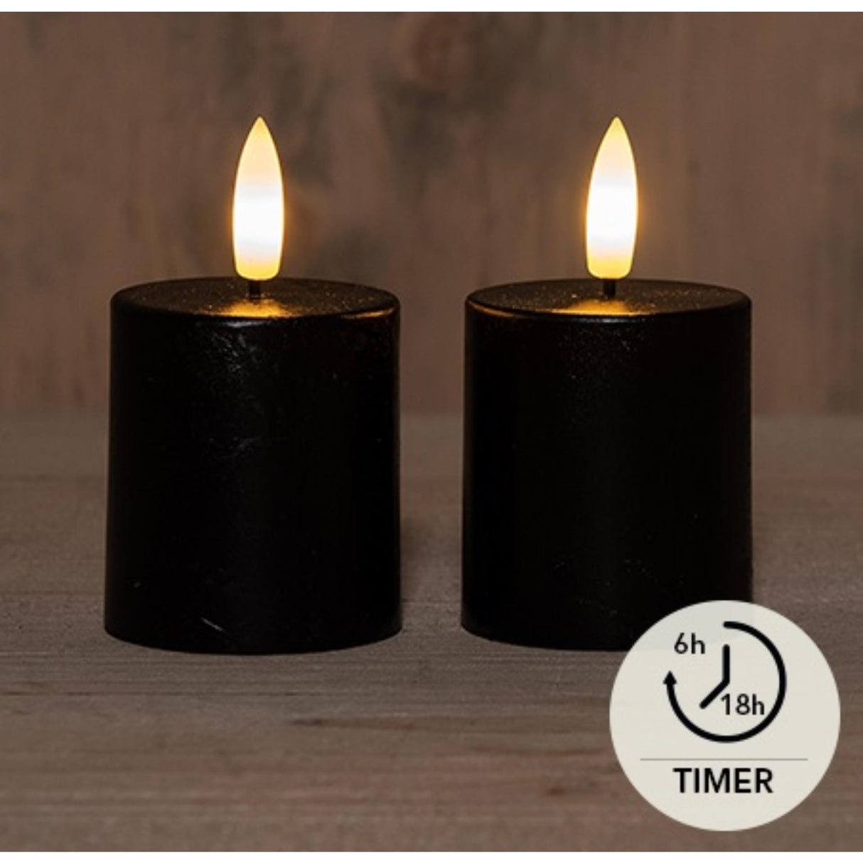 Annas kollektion LED stearinlys 3D flamme på batteri med timer ã˜4,5xH8cm sort 2 stk.