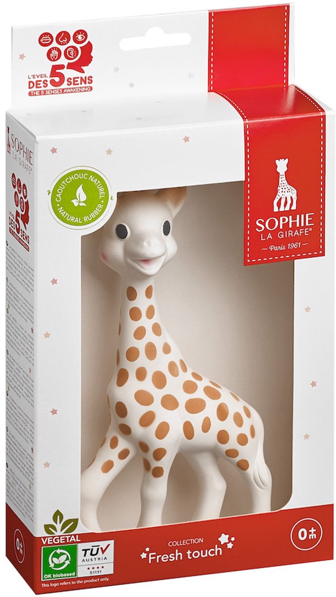 Sophie the giraffe - børnelegetøj - børnelegetøj - babylegetøj - barselsgave - baby shower gave - i hvid rød gaveæske - 100% naturgummi - fra 0 måneder - 17 cm - beige brun