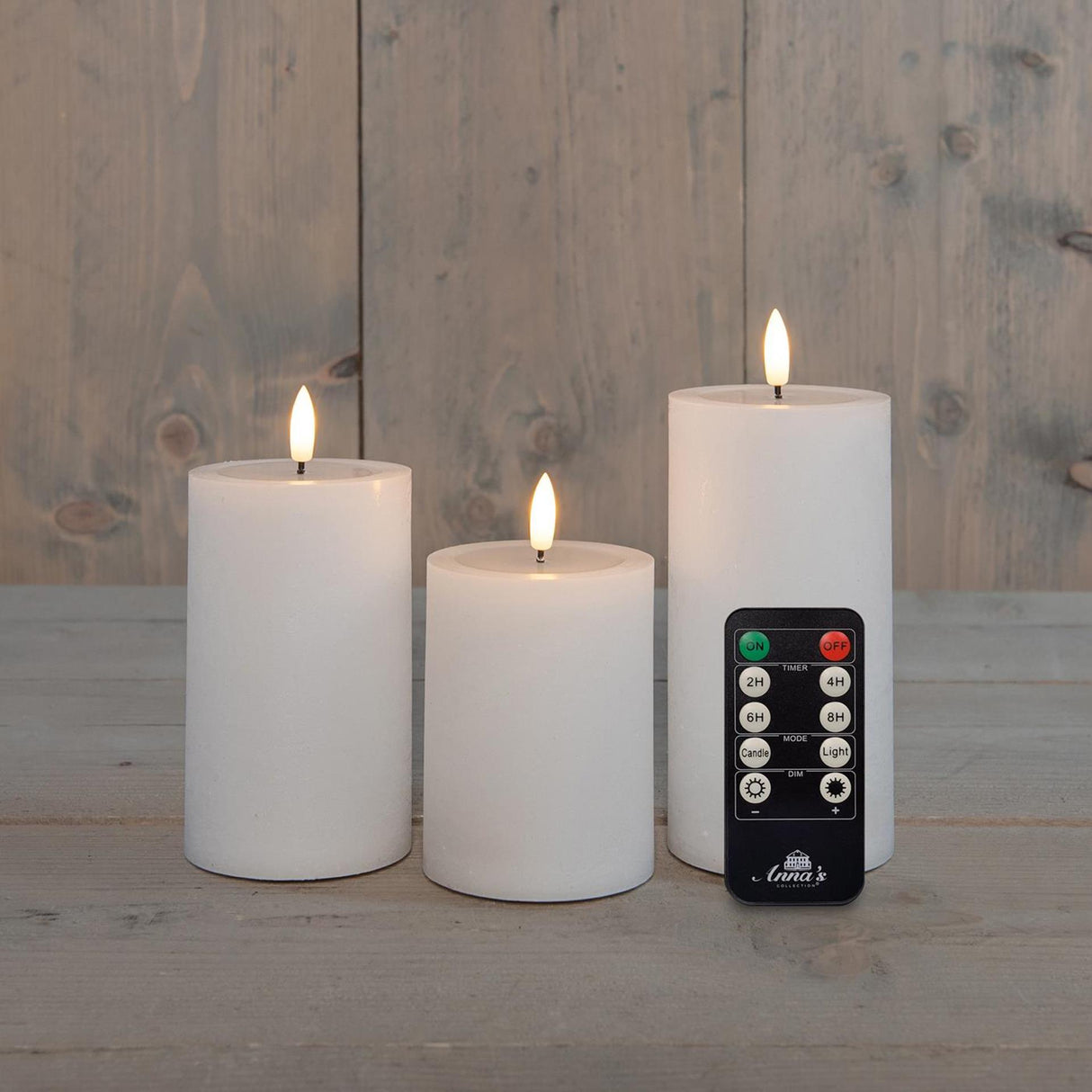 Anna's collection stompkaarsset met 3d vlam effect wax wit oplaadbaar, met afstandsbediening en usb kabel ø7,5x10 12 15cm
