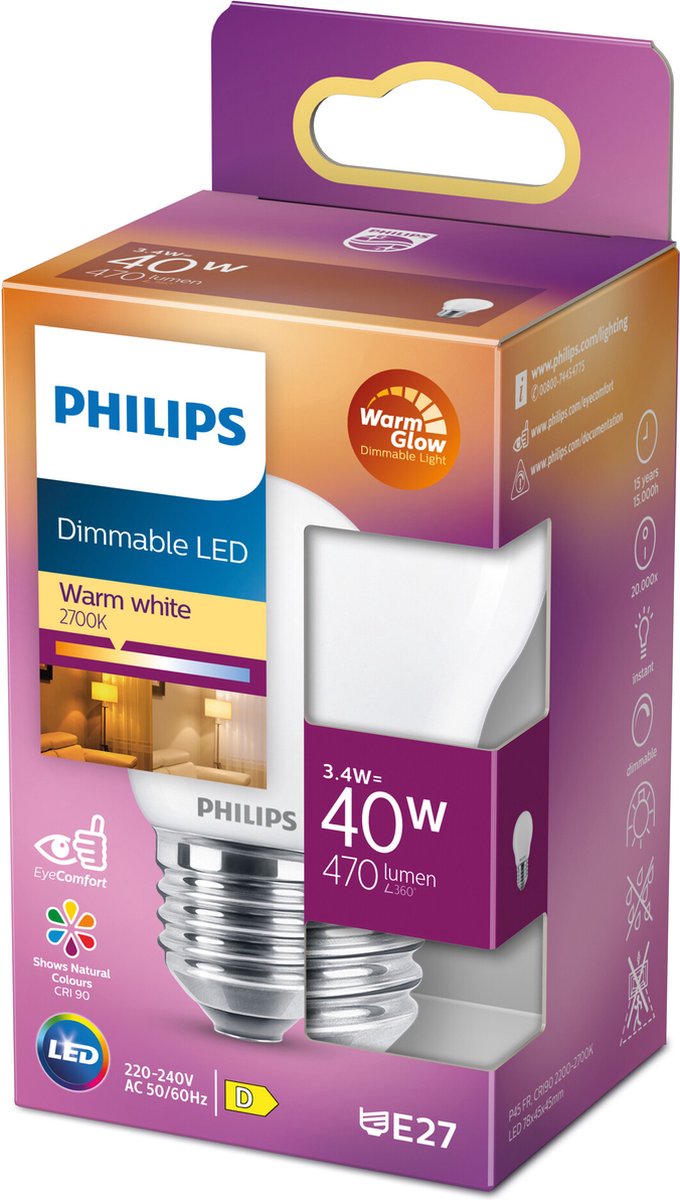 Philips led kogellamp mat - 40 w - e27 - dimbaar warmwit licht