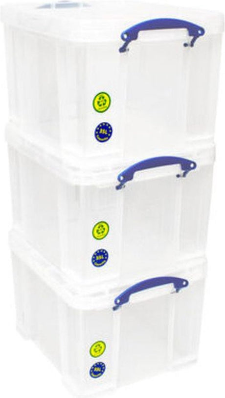 Virkelig nyttig opbevaringsboks 35 liters pakke med 3 kasser 480x390x310mm gennemsigtig..