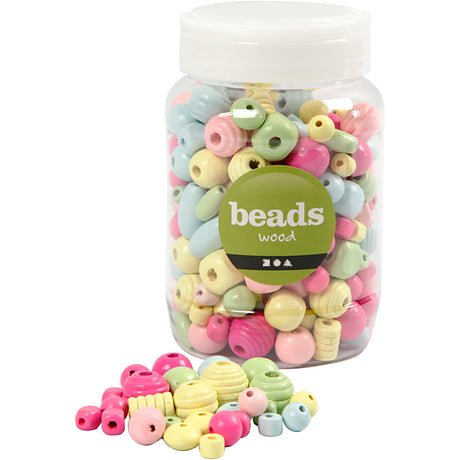 Creativ company træperler, d 10-15 mm, hulstørrelse 3-5 mm, lyseblå, lysegrøn, lyserød, lysegul, 400 ml 1 spand