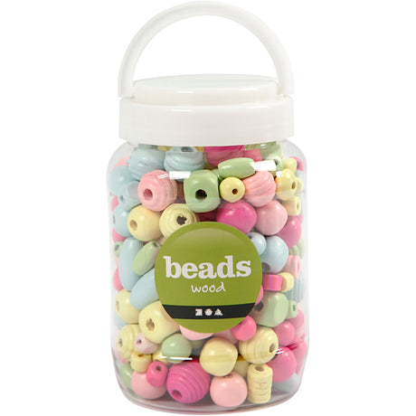 Creativ company træperler, d 10-15 mm, hulstørrelse 3-5 mm, lyseblå, lysegrøn, lyserød, lysegul, 400 ml 1 spand