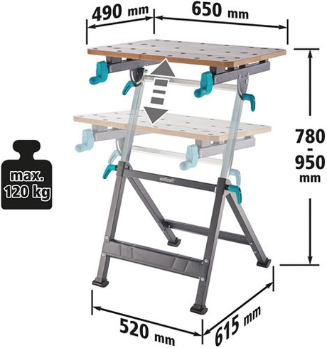 Wolfcraft - master 650 ergo - verstelbare werkbank - werktafel met bankschroef - klemtafel inklapbaar - opvouwbaar - 10 jaar garantie - 6870000