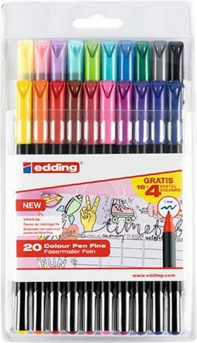 Edding 1200 - tusch - sæt med 20 farver i etui - 1 mm rund spids - tilbage til skolen