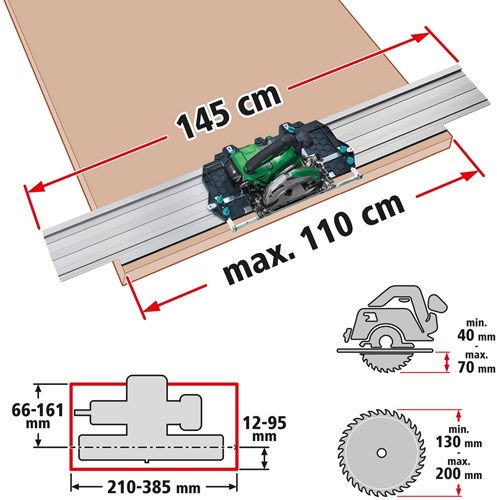 Wolfcraft - universal styreskinne til rundsav 1450mm - savføring - fks 145 styresystem til dyksav - 6913000