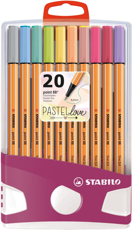 Stabilo point 88 - fineliner 0,4 mm - pastelparade - sæt med 20 forskellige farver - inklusive 10 pastelfarver