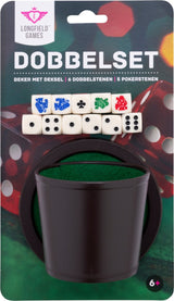 Longfield pokerkop med låg - inklusive 2 sæt terninger (16 mm) - terningsæt - klassisk terningespil familiespil - englehjerte