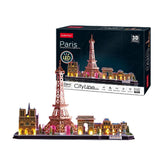 Kubisk sjovt 3D-puslespil City Line Paris med LED-belysning, 115 brikker.