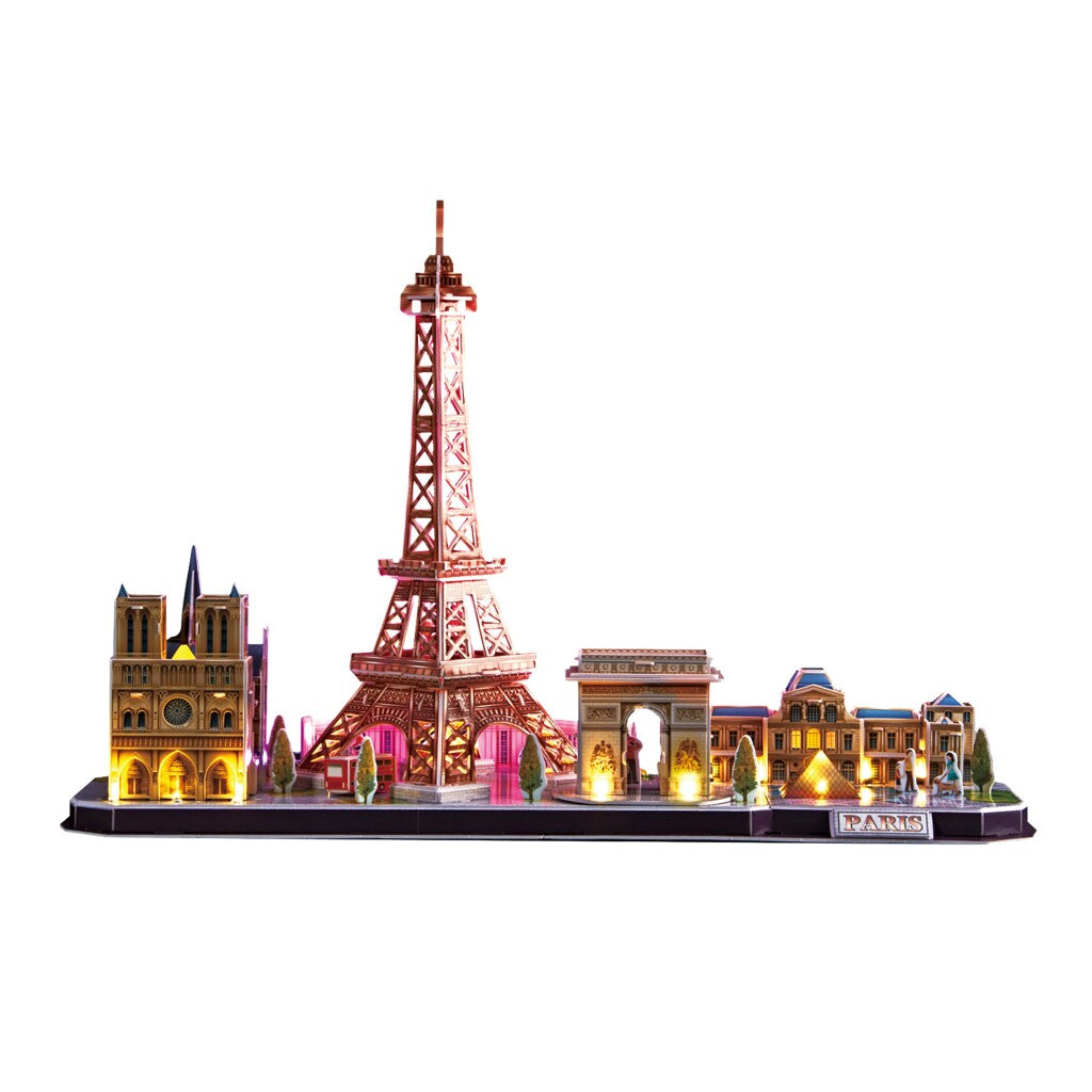 Kubisk sjovt 3D-puslespil City Line Paris med LED-belysning, 115 brikker.