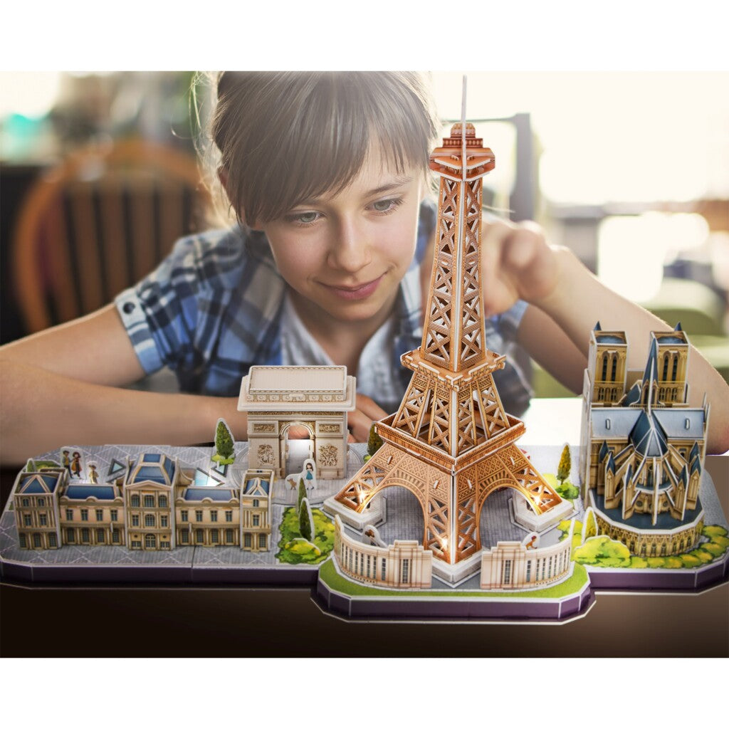 Kubisk sjovt 3D-puslespil City Line Paris med LED-belysning, 115 brikker.