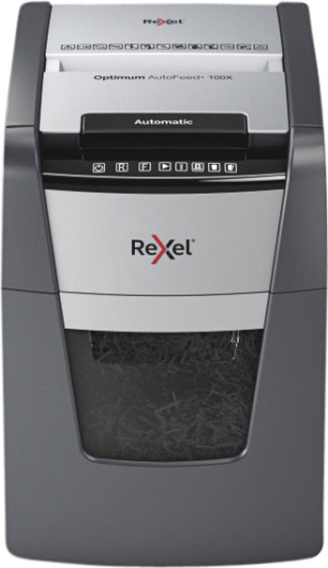 Rexel optimum autofeed+ 100x hviske-støjsvag papirmakulator - p4 makulerer - automatisk fremføring op til 100 ark - 34l - sort