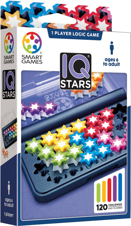 Smartgames IQ Stars - logisk tænkende spil rejsepuslespil - 120 opgaver med farvede stjerner - pædagogisk solospil - fra 6 år