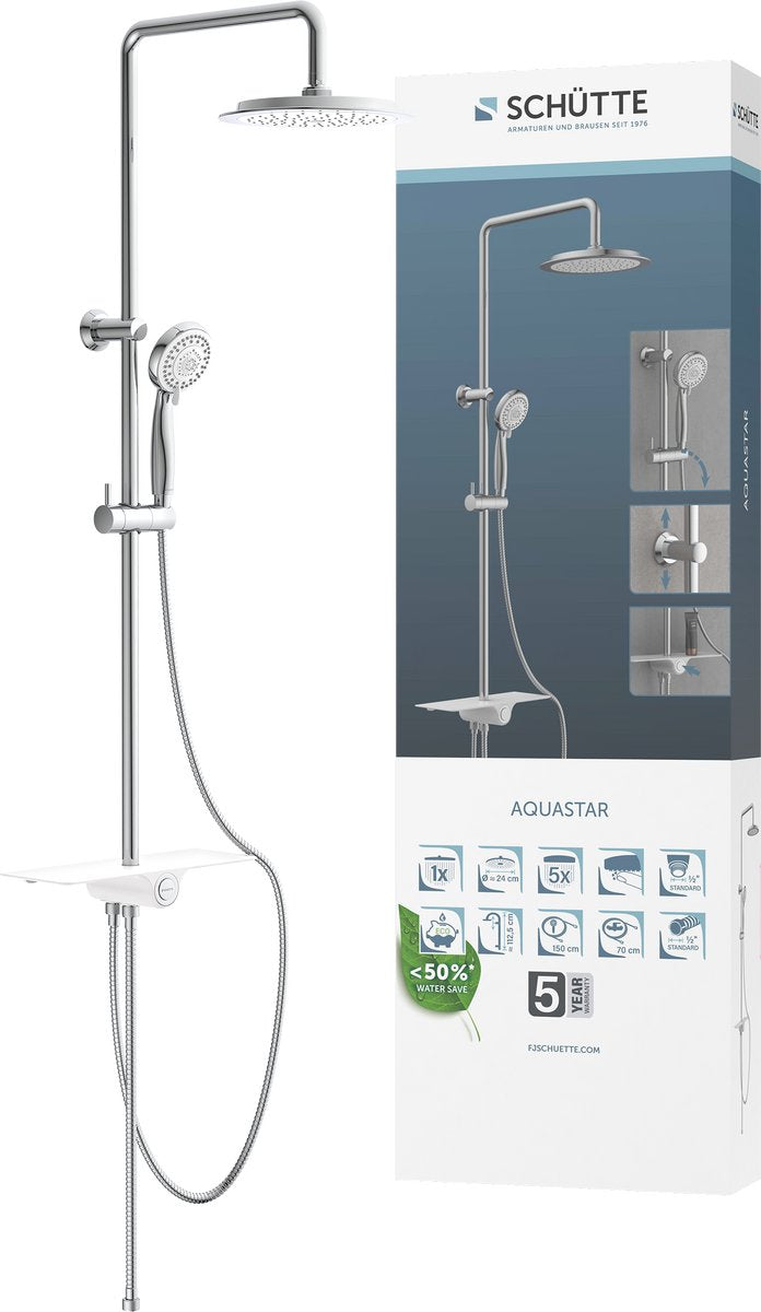 Schütte aquastar brusesystem - regnbruser - integreret hylde - med trykknapskifter - krom hvid