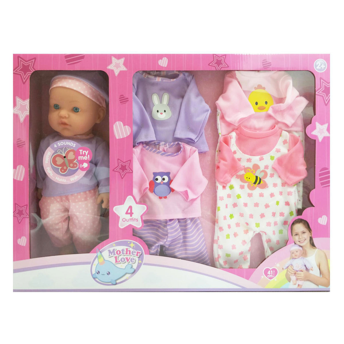 Babydukke med lyde og outfits - 41cm