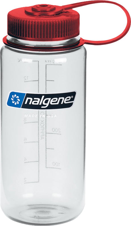 Nalgene - flaske med bred mund - drikkeflaske - vandflaske - lækagesikker - 500 ml - bpa fri - sustain - klar rød låg