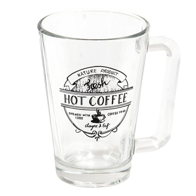 Clayre eef gennemsigtigt glaskrus med en sort tekst varm kaffe 11x8x12cm 250ml