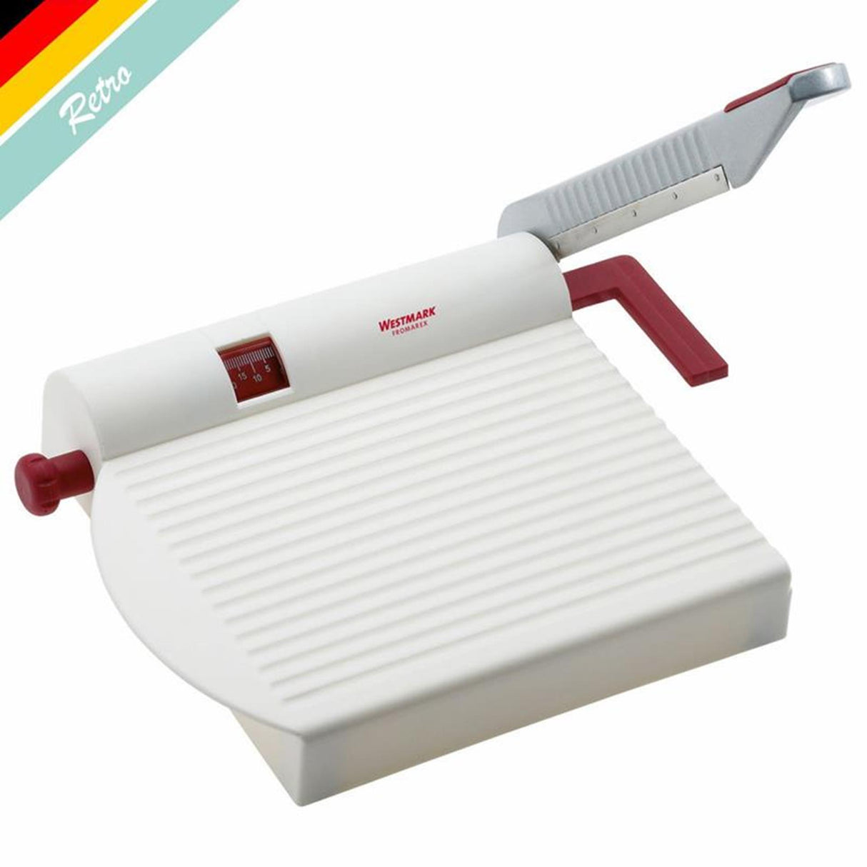 Westmark osteskærer med skarp kniv, variabel skæretykkelse, retro design, rustfrit stål aluminium plast, fromarex, hvid rød sølv, 7000rt60