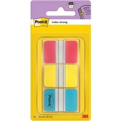 Post-it ® index strong, blauw, rood, geel, 25.4 x 38 mm, 22 tabs kleur dispenser