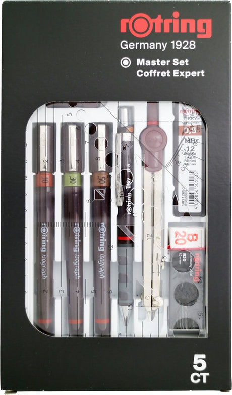 Rotring isograf pen sæt teknisk pen og mekanisk blyant master sæt | 3 fineliners (0,1 mm, 0,3 mm, 0,5 mm), mekanisk blyant (0,5 mm) og kompas, plus tilbehør | 10 stk