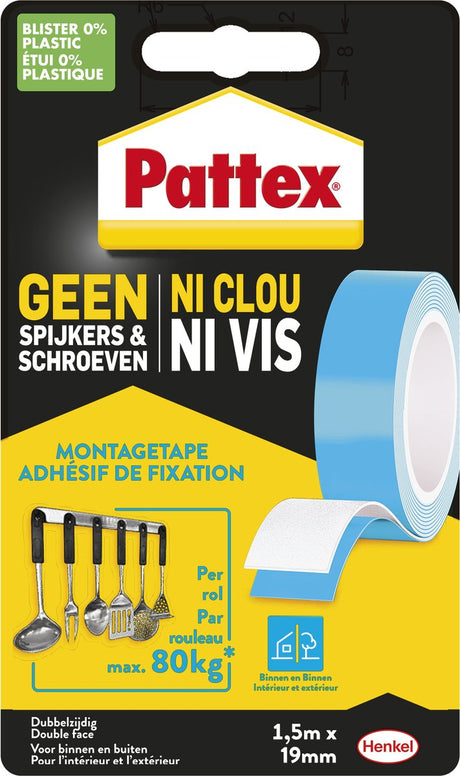 Pattex monteringstape dobbeltsidet 80kg | til indendørs brug| 1,5m dobbelt monteringstape | dobbeltklæbende tape.