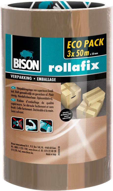 Bison 3 ruller rollafix emballagetape brun værdipakke 50 meter x 5 cm, kan rives i hånden, kraftig emballagetape