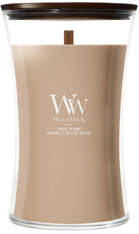 Woodwick timeglas stort duftlys - santal myrra - 130 brændende timer