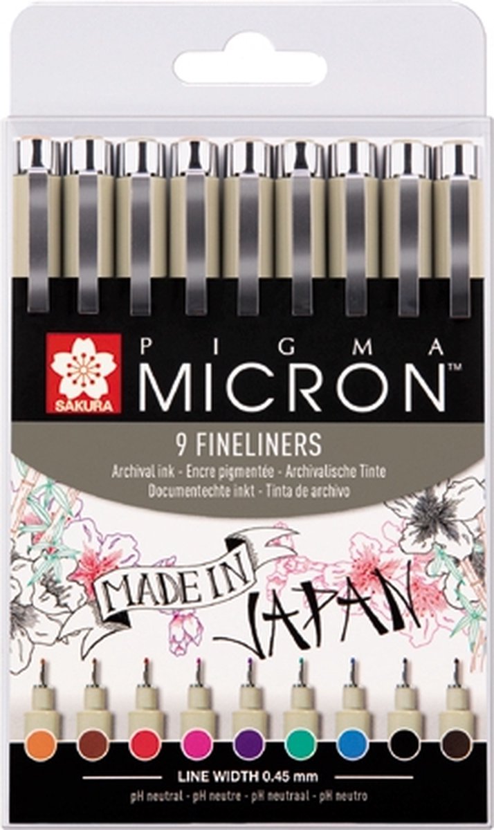 Sakura pigma micron 05 fineliners etui - 9 farver - 0,45 mm