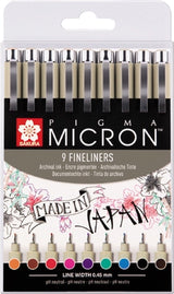 Sakura pigma micron 05 fineliners etui - 9 farver - 0,45 mm