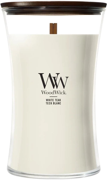 Woodwick timeglas stort duftlys - hvid teak - 130 brændetimer