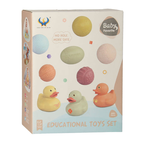 Lobbes legetøj, fx badelegetøjssæt med sansebadebolde, gummiænder, pastel