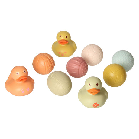 Lobbes legetøj, fx badelegetøjssæt med sansebadebolde, gummiænder, pastel