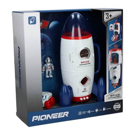 Rumraket med rumfartøj og astronaut lys og lyd, 3 dele.