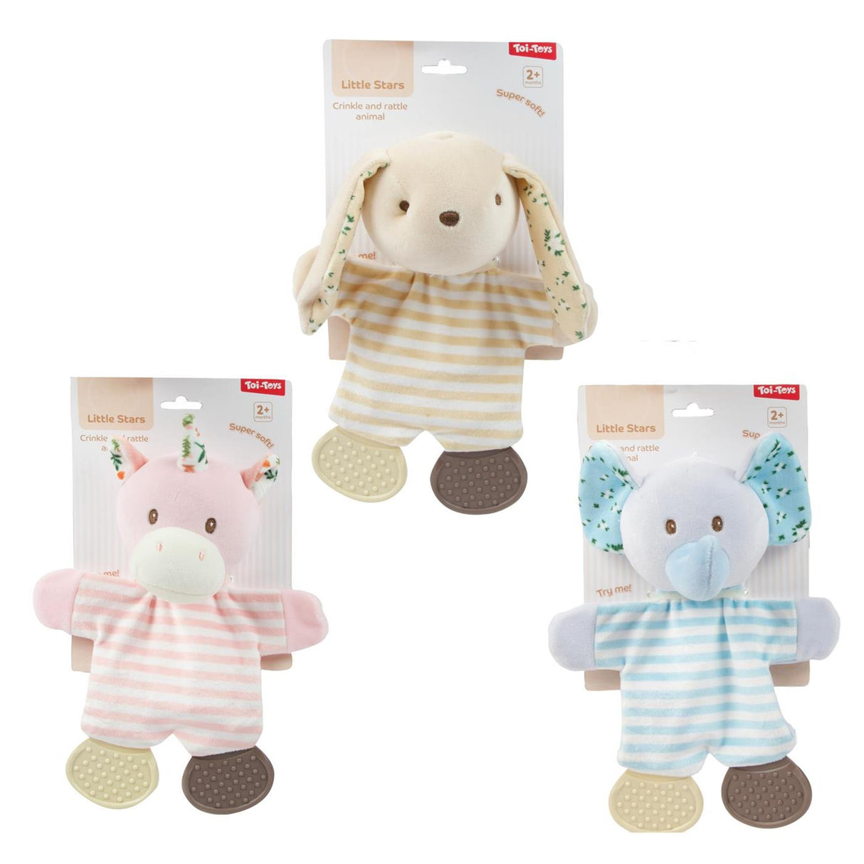 Toi-legetøj små stjerner baby crinkle klud + bidering -blød- 3ass