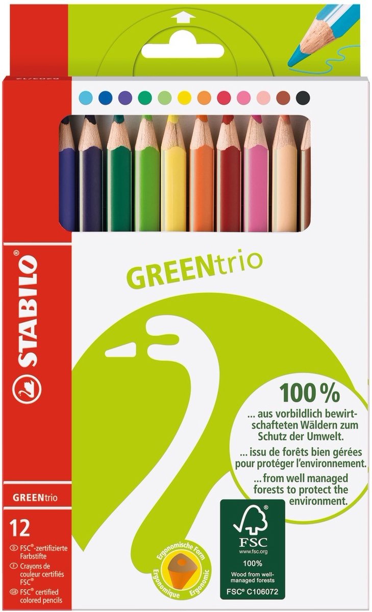 Stabilo greentrio - FSC certificerede trekantede farveblyanter - med ekstra tyk kerne 4,2 mm - etui med 12 farver