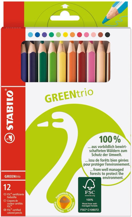 Stabilo greentrio - FSC certificerede trekantede farveblyanter - med ekstra tyk kerne 4,2 mm - etui med 12 farver