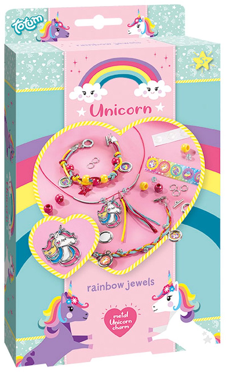 Totum enhjørning 2 armbånd og halskæde fremstilling af smykkesæt | hobbylegetøj til piger fra 5 år | 25 dele med metal enhjørning charm