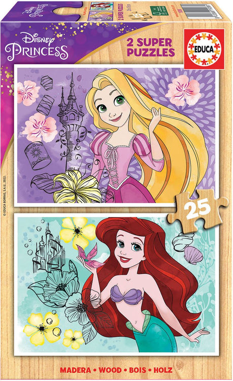 Educa -træpuslespil - 2x25 brikker - disney prinsesse.