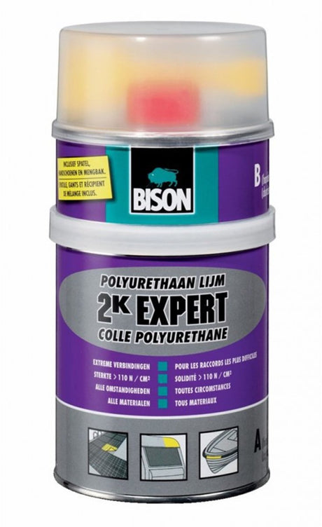 Bison 2k expert polyurethaanlijm set 900 g, supersterke 2-componentenlijm, (zee)watervaste lijm, bestand tegen extreme omstandigheden, makkelijk in gebruik