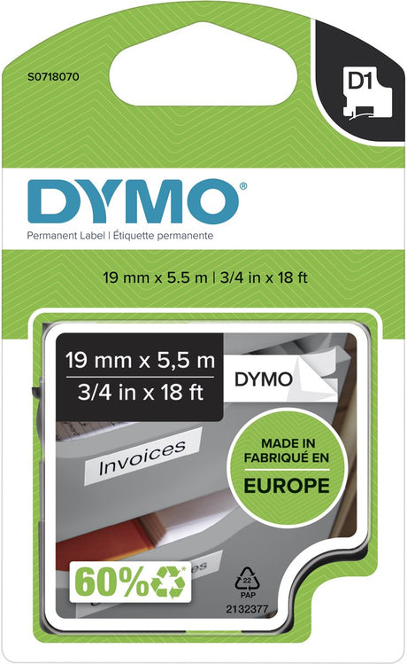 Dymo originale d1 holdbare polyesteretiketter | sort tekst på hvid etiket | 12 mm x 5,5 m | selvklæbende labels til label manager label printer | lavet i europa