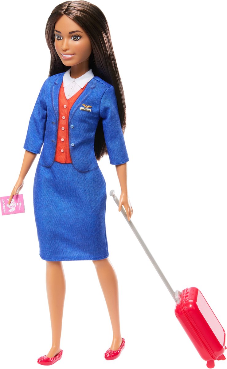 Barbie stewardesse modedukke – blå uniform med kuffert, høretelefoner og pas