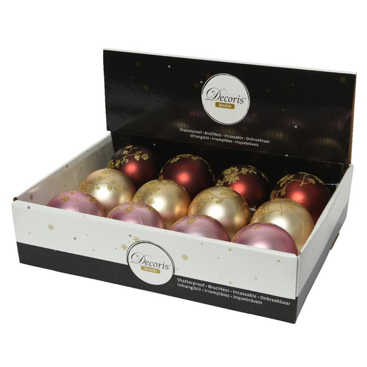 Decoris julekugler mix 12 stk guld, rød og pink