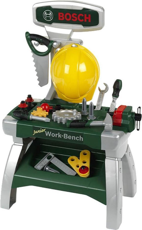 Klein legetøj bosch mini legetøj junior arbejdsbord - 49x29x71 cm - inkl. indlæringsfunktion, skruestik, opbevaringsmuligheder til de mange dele - grøn