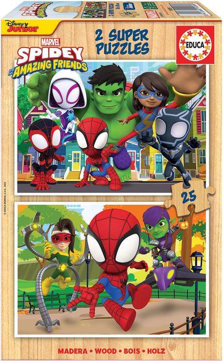 Educa - puslespil spidey hans fantastiske venner - træ - 2x25 brikker - puslespil til børn.