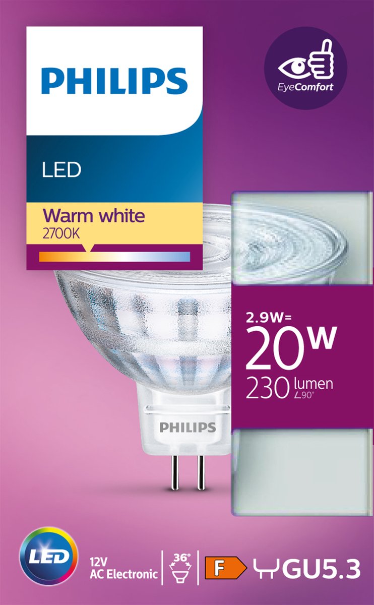 Philips led spot - 20 w - gu5.3 - warmwit licht