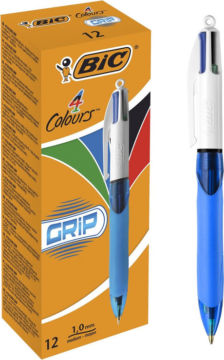 Bic 4 farver grip kuglepenne med kliksystem medium spids (1,0 mm) - behageligt greb - æske med 12 stk.