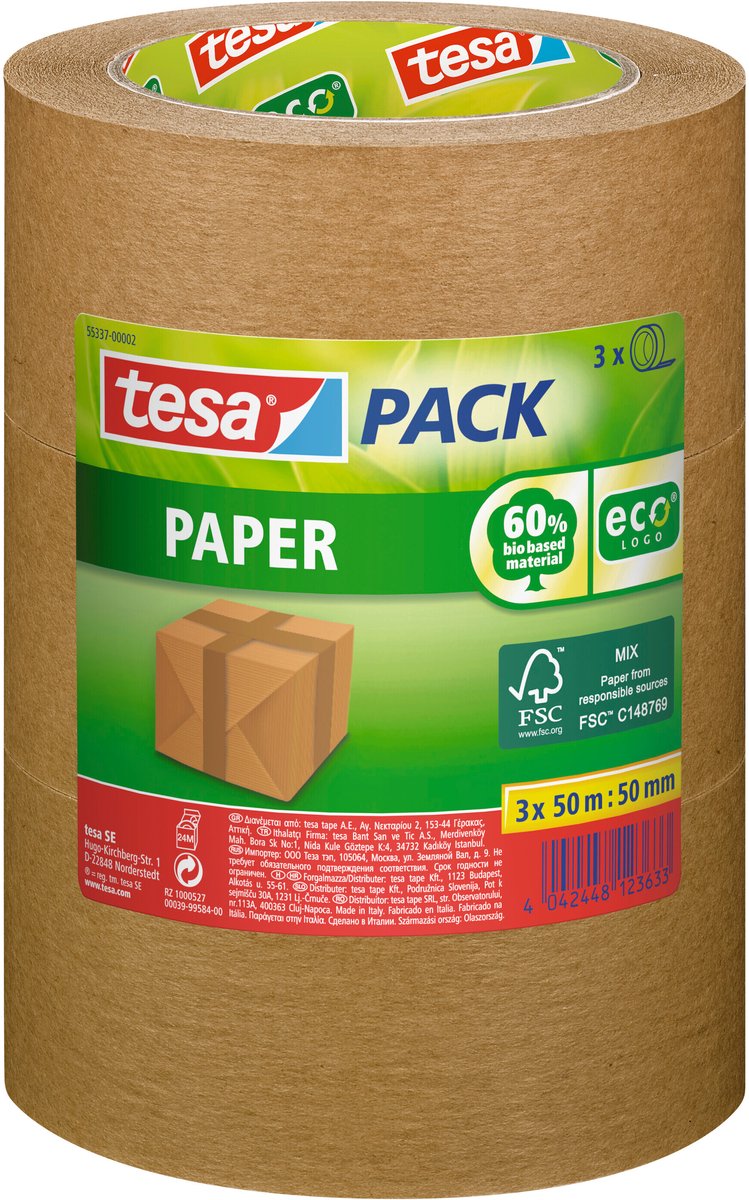 Tesa 3x-pak pakkeklæbende tape standardpapir til mellemtunge pakker, brun 50 m × 50 mm