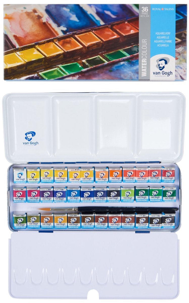Van gogh aquarelverf set in metalen blik met 36 kleuren in halve napjes + 1 penseel