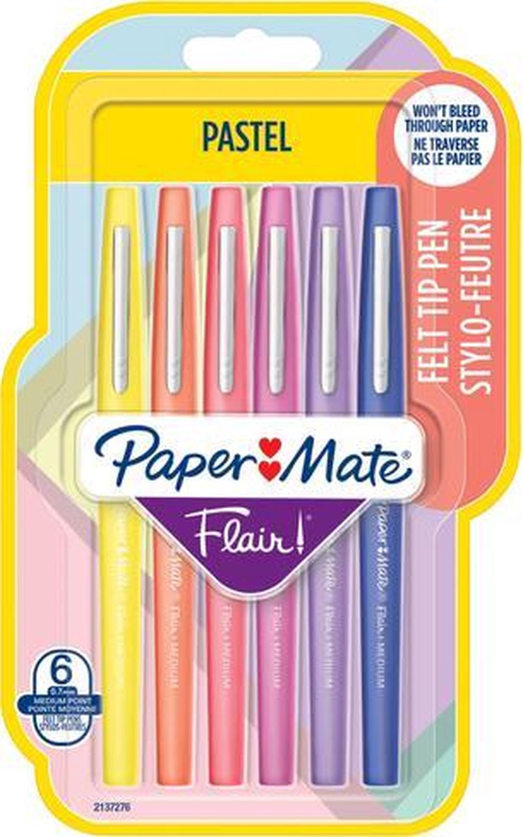 Paper mate flair tuschpenne | mellempunkt (0,7 mm) | forskellige pastelfarver | 6 stk
